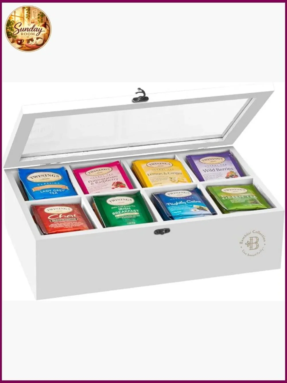 Bamboo Tea Bag Organizer with Drawer, 8-Compartment, Acrylic Lid, Magnetic